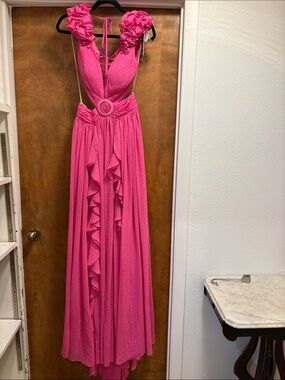 600. Jovani Women’s Fuchsia Ruffled Maxi Dress with Belt